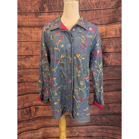 VTG Quacker Factory Artsy Demin Embroidered Garden Shacket Shirt Sz XS - Picture 1 of 12